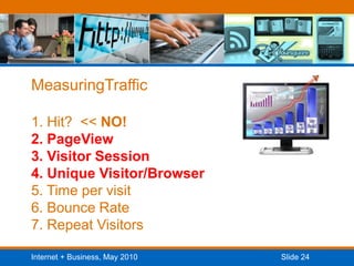 MeasuringTraffic1. Hit?  << NO!2. PageView3. Visitor Session4. Unique Visitor/Browser5. Time per visit6. Bounce Rate7. Repeat Visitors