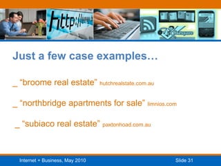Just a few case examples…_ “broome real estate” hutchrealstate.com.au_ “northbridge apartments for sale” limnios.com _ “subiaco real estate” paxtonhoad.com.au