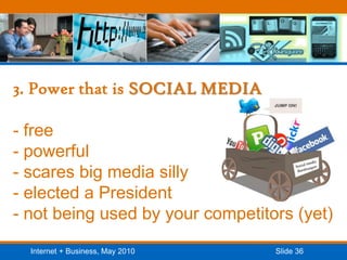 3. Power that is SOCIAL MEDIA- free- powerful- scares big media silly- elected a President- not being used by your competitors (yet)