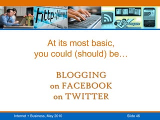 At its most basic, you could (should) be…BLOGGINGon FACEBOOKon TWITTER