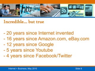 Incredible… but true - 20 years since Internet invented- 16 years since Amazon.com, eBay.com- 12 years since Google- 5 years since Youtube- 4 years since Facebook/Twitter