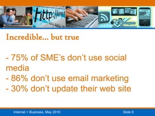 Incredible… but true - 75% of SME’s don’t use social media- 86% don’t use email marketing- 30% don’t update their web site