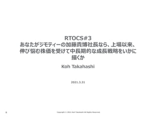 Copyright © 2021 Koh Takahashi All Rights Reserved.
RTOCS#3
あなたがジモティーの加藤貴博社⻑なら、上場以来、
伸び悩む株価を受けて中⻑期的な成⻑戦略をいかに
描くか
Koh Takahashi
2021.3.31
0
 