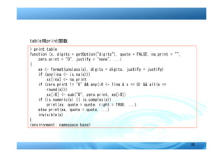 table用print関数
> print.table
function (x, digits = getOption("digits"), quote = FALSE, na.print = "",
    zero.print = "0", justify = "none", ...)
{
    xx <- format(unclass(x), digits = digits, justify = justify)
    if (any(ina <- is.na(x)))
        xx[ina] <- na.print
    if (zero.print != "0" && any(i0 <- !ina & x == 0) && all(x ==
        round(x)))
        xx[i0] <- sub("0", zero.print, xx[i0])
    if (is.numeric(x) || is.complex(x))
        print(xx, quote = quote, right = TRUE, ...)
    else print(xx, quote = quote, ...)
    invisible(x)
}
<environment: namespace:base>



                                                                           35
 