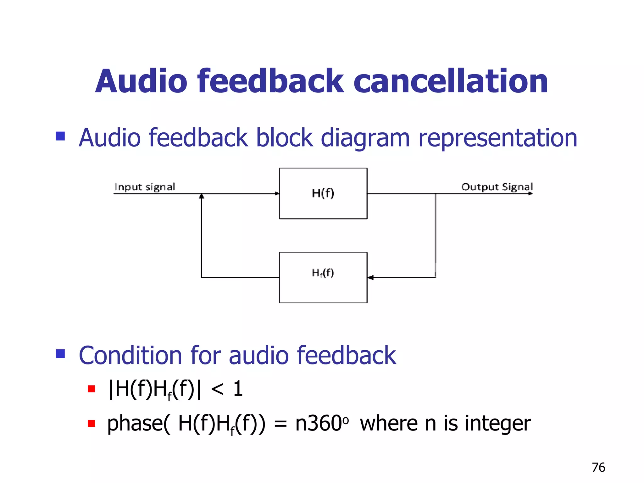 Audio feedback cancellation Audio feedback block diagram representation Condition for audio feedback |H(f)H f (f)| < 1 phase( H(f)H f (f)) = n360 o  where n is integer 
