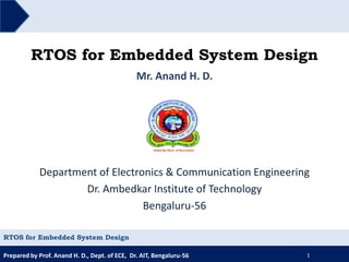 Prepared by Prof. Anand H. D., Dept. of ECE, Dr. AIT, Bengaluru-56
RTOS for Embedded System Design
Mr. Anand H. D.
1
RTOS for Embedded System Design
Department of Electronics & Communication Engineering
Dr. Ambedkar Institute of Technology
Bengaluru-56
 
