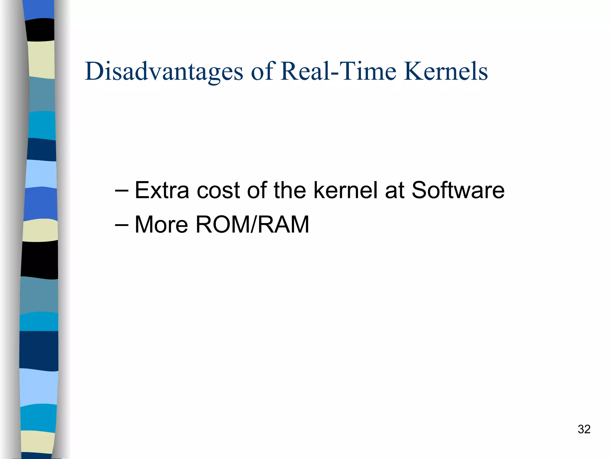 Disadvantages of Real-Time Kernels Extra cost of the kernel at Software More ROM/RAM 