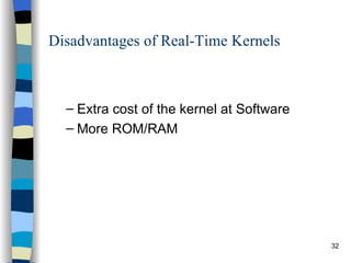 Disadvantages of Real-Time Kernels Extra cost of the kernel at Software More ROM/RAM 