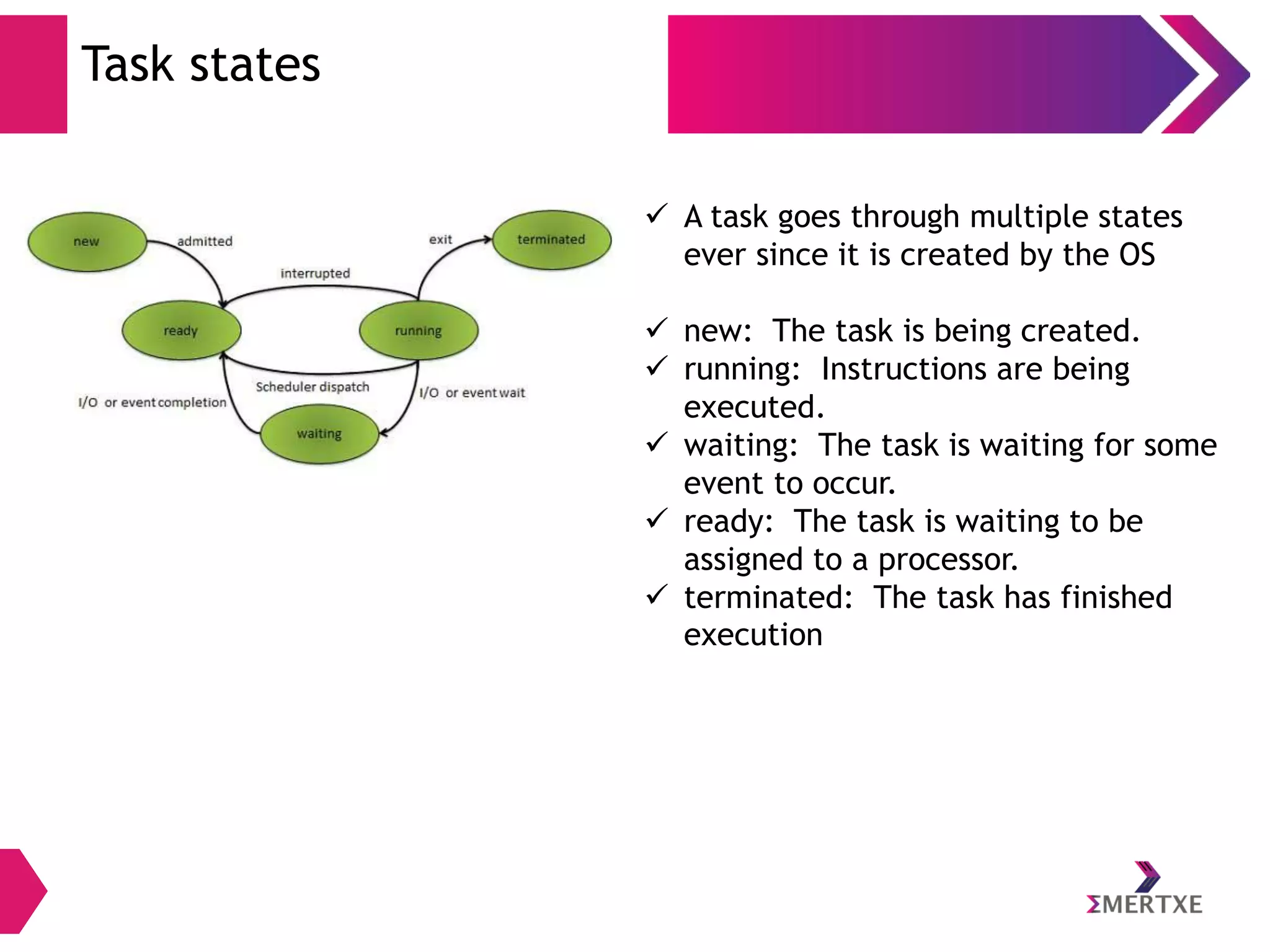 Task states
 A task goes through multiple states
ever since it is created by the OS
 new: The task is being created.
 running: Instructions are being
executed.
 waiting: The task is waiting for some
event to occur.
 ready: The task is waiting to be
assigned to a processor.
 terminated: The task has finished
execution

 