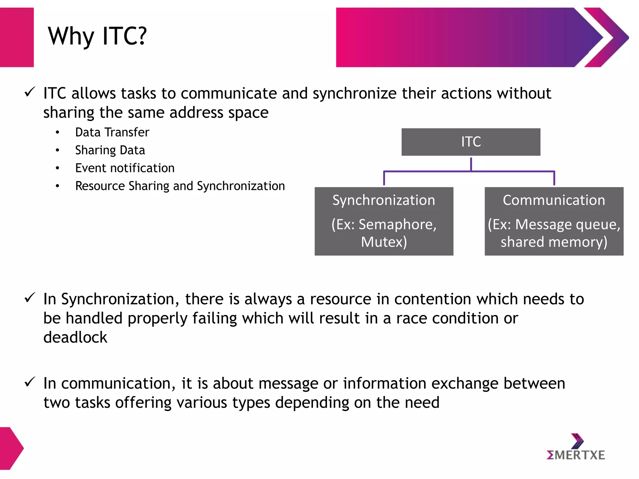 Why ITC?
 ITC allows tasks to communicate and synchronize their actions without
sharing the same address space
•
•
•
•

Data Transfer
Sharing Data
Event notification
Resource Sharing and Synchronization

ITC

Synchronization

Communication

(Ex: Semaphore,
Mutex)

(Ex: Message queue,
shared memory)

 In Synchronization, there is always a resource in contention which needs to
be handled properly failing which will result in a race condition or
deadlock
 In communication, it is about message or information exchange between
two tasks offering various types depending on the need

 