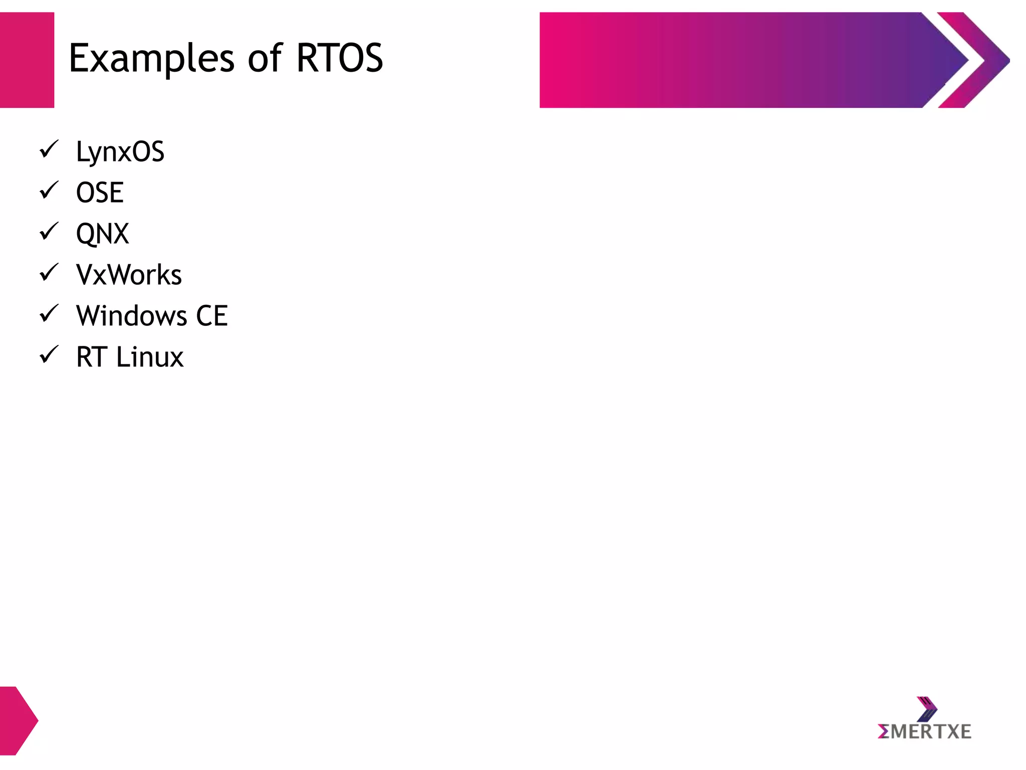 Examples of RTOS







LynxOS
OSE
QNX
VxWorks
Windows CE
RT Linux

 