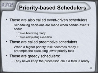15
Priority-based Schedulers
• These are also called event-driven schedulers
– Scheduling decisions are made when certain events
occur
• Tasks becoming ready
• Tasks completing execution
• These are called preemptive schedulers
– When a higher priority task becomes ready it
preempts the executing lower priority task
• These are greedy schedulers:
– They never keep the processor idle if a task is ready.
 