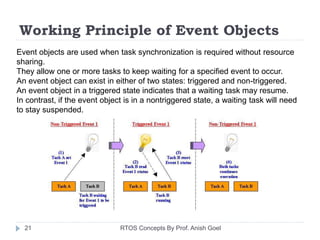 Working Principle of Event Objects
Event objects are used when task synchronization is required without resource
sharing.
They allow one or more tasks to keep waiting for a specified event to occur.
An event object can exist in either of two states: triggered and non-triggered.
An event object in a triggered state indicates that a waiting task may resume.
In contrast, if the event object is in a nontriggered state, a waiting task will need
to stay suspended.
21 RTOS Concepts By Prof. Anish Goel
 