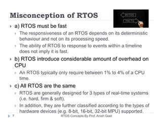 Misconception of RTOS
 a) RTOS must be fast
 The responsiveness of an RTOS depends on its deterministic
behaviour and not on its processing speed.
 The ability of RTOS to response to events within a timeline
does not imply it is fast.
 b) RTOS introduce considerable amount of overhead on
CPU
 An RTOS typically only require between 1% to 4% of a CPU
time.
 c) All RTOS are the same
 RTOS are generally designed for 3 types of real-time systems
(i.e. hard, firm & soft).
 In addition, they are further classified according to the types of
hardware devices (e.g. 8-bit, 16-bit, 32-bit MPU) supported.
7 RTOS Concepts By Prof. Anish Goel
 