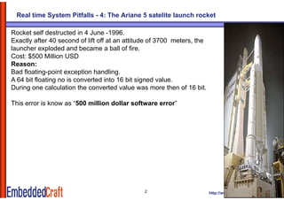 Real time System Pitfalls - 4: The Ariane 5 satelite launch rocket

Rocket self destructed in 4 June -1996.
Exactly after 40 second of lift off at an attitude of 3700 meters, the
launcher exploded and became a ball of fire.
             p
Cost: $500 Million USD
Reason:
Bad floating-point exception handling.
            g                           g
A 64 bit floating no is converted into 16 bit signed value.
During one calculation the converted value was more then of 16 bit.

This error is know as “500 million dollar software error”




                                               2                         http://www.embeddedcraft.org
 