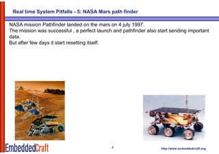 Real time System Pitfalls - 5: NASA Mars path finder

NASA mission Pathfinder landed on the mars on 4 july 1997.
The mission was successful , a perfect launch and pathfinder also start sending important
data.
But after few days it start resetting itself.




                                             4                     http://www.embeddedcraft.org
 