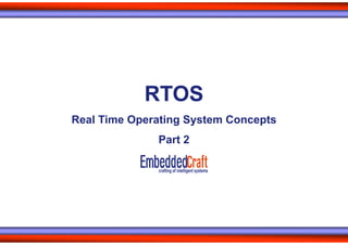 RTOSRTOSRTOSRTOS
Real Time Operating System ConceptsReal Time Operating System Concepts
Part 2
 
