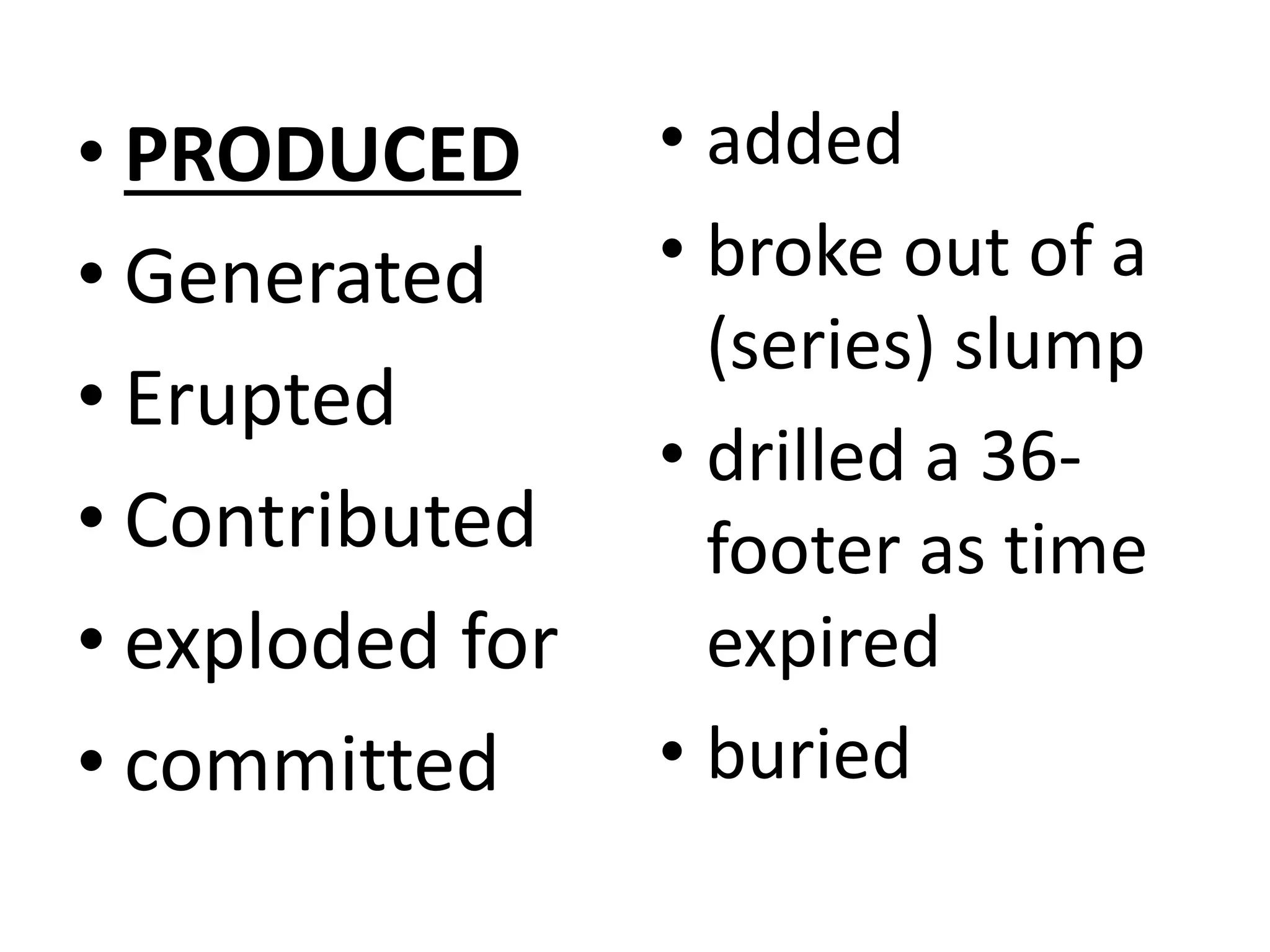 • PRODUCED
• Generated
• Erupted
• Contributed
• exploded for
• committed
• added
• broke out of a
(series) slump
• drilled a 36-
footer as time
expired
• buried
 