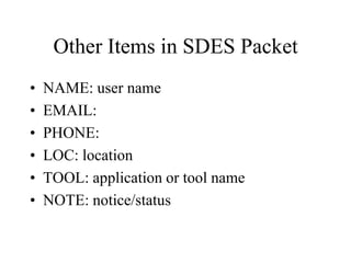 Other Items in SDES Packet
• NAME: user name
• EMAIL:
• PHONE:
• LOC: location
• TOOL: application or tool name
• NOTE: notice/status
 