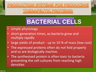 BACTERIAL CELLS
• simple physiology
• short generation times, as bacteria grow and
multiply rapidly
• large yields of product - up to 10 % of mass (low cost)
• The expressed proteins often do not fold properly
and so are biologically inactive.
• The synthesised protein is often toxic to bacteria
preventing the cell cultures from reaching high
densities

 