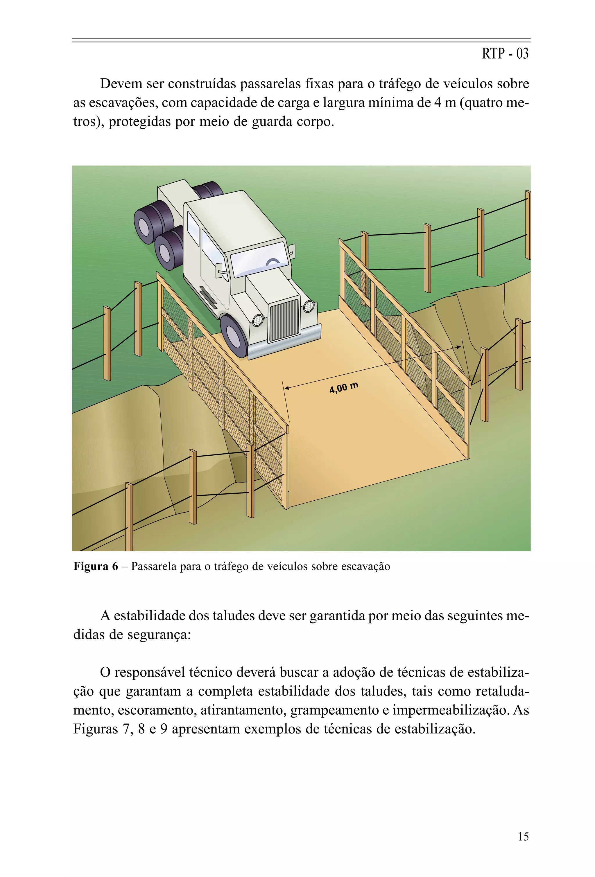 15
RTP - 03
Figura 6 – Passarela para o tráfego de veículos sobre escavação
Devem ser construídas passarelas fixas para o tráfego de veículos sobre
as escavações, com capacidade de carga e largura mínima de 4 m (quatro me-
tros), protegidas por meio de guarda corpo.
A estabilidade dos taludes deve ser garantida por meio das seguintes me-
didas de segurança:
O responsável técnico deverá buscar a adoção de técnicas de estabiliza-
ção que garantam a completa estabilidade dos taludes, tais como retaluda-
mento, escoramento, atirantamento, grampeamento e impermeabilização. As
Figuras 7, 8 e 9 apresentam exemplos de técnicas de estabilização.
4,00 m
 