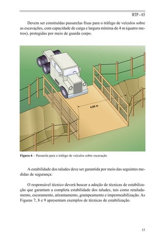 15
RTP - 03
Figura 6 – Passarela para o tráfego de veículos sobre escavação
Devem ser construídas passarelas fixas para o tráfego de veículos sobre
as escavações, com capacidade de carga e largura mínima de 4 m (quatro me-
tros), protegidas por meio de guarda corpo.
A estabilidade dos taludes deve ser garantida por meio das seguintes me-
didas de segurança:
O responsável técnico deverá buscar a adoção de técnicas de estabiliza-
ção que garantam a completa estabilidade dos taludes, tais como retaluda-
mento, escoramento, atirantamento, grampeamento e impermeabilização. As
Figuras 7, 8 e 9 apresentam exemplos de técnicas de estabilização.
4,00 m
 