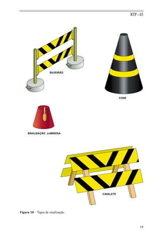 19
RTP - 03
Figura 10 – Tipos de sinalização
CAVALETE
SINALIZAÇÃO LUMINOSA
CONE
SILVEIRÃO
 