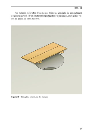 27
RTP - 03
Figura 15 – Proteção e sinalização dos buracos
Os buracos escavados próximo aos locais de cravação ou concretagem
de estacas devem ser imediatamente protegidos e sinalizados, para evitar ris-
cos de queda de trabalhadores.
 