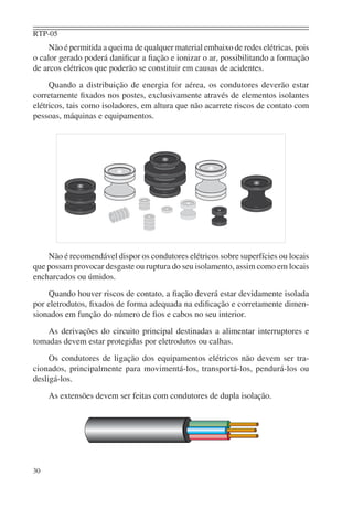 RTP-05
30
Não é permitida a queima de qualquer material embaixo de redes elétricas, pois
o calor gerado poderá daniﬁcar a ﬁação e ionizar o ar, possibilitando a formação
de arcos elétricos que poderão se constituir em causas de acidentes.
Quando a distribuição de energia for aérea, os condutores deverão estar
corretamente ﬁxados nos postes, exclusivamente através de elementos isolantes
elétricos, tais como isoladores, em altura que não acarrete riscos de contato com
pessoas, máquinas e equipamentos.
Não é recomendável dispor os condutores elétricos sobre superfícies ou locais
que possam provocar desgaste ou ruptura do seu isolamento, assim como em locais
encharcados ou úmidos.
Quando houver riscos de contato, a ﬁação deverá estar devidamente isolada
por eletrodutos, ﬁxados de forma adequada na ediﬁcação e corretamente dimen-
sionados em função do número de ﬁos e cabos no seu interior.
As derivações do circuito principal destinadas a alimentar interruptores e
tomadas devem estar protegidas por eletrodutos ou calhas.
Os condutores de ligação dos equipamentos elétricos não devem ser tra-
cionados, principalmente para movimentá-los, transportá-los, pendurá-los ou
desligá-los.
As extensões devem ser feitas com condutores de dupla isolação.
 