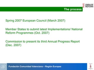 The process


Spring 2007 European Council (March 2007)

Member States to submit latest Implementations/ National
Reform Programmes (Oct. 2007)

Commission to present its third Annual Progress Report
(Dec. 2007)




  Fundación Comunidad Valenciana – Región Europea
 
