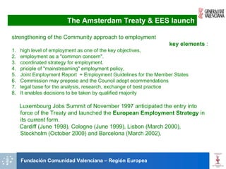 The Amsterdam Treaty & EES launch

strengthening of the Community approach to employment
                                                                  key elements :
1.   high level of employment as one of the key objectives,
2.   employment as a "common concern".
3.   coordinated strategy for employment.
4.   priciple of "mainstreaming" employment policy,
5.   Joint Employment Report + Employment Guidelines for the Member States
6.   Commission may propose and the Council adopt ecommendations
7.   legal base for the analysis, research, exchange of best practice
8.   It enables decisions to be taken by qualified majority

     Luxembourg Jobs Summit of November 1997 anticipated the entry into
     force of the Treaty and launched the European Employment Strategy in
     its current form.
     Cardiff (June 1998), Cologne (June 1999), Lisbon (March 2000),
     Stockholm (October 2000) and Barcelona (March 2002).



     Fundación Comunidad Valenciana – Región Europea
 