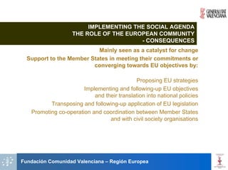 IMPLEMENTING THE SOCIAL AGENDA
                   THE ROLE OF THE EUROPEAN COMMUNITY
                                       - CONSEQUENCES
                           Mainly seen as a catalyst for change
  Support to the Member States in meeting their commitments or
                         converging towards EU objectives by:

                                            Proposing EU strategies
                       Implementing and following-up EU objectives
                           and their translation into national policies
          Transposing and following-up application of EU legislation
   Promoting co-operation and coordination between Member States
                                 and with civil society organisations




Fundación Comunidad Valenciana – Región Europea
 