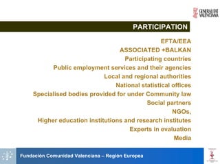PARTICIPATION

                                                 EFTA/EEA
                                 ASSOCIATED +BALKAN
                                   Participating countries
          Public employment services and their agencies
                            Local and regional authorities
                                National statistical offices
    Specialised bodies provided for under Community law
                                           Social partners
                                                     NGOs,
     Higher education institutions and research institutes
                                     Experts in evaluation
                                                      Media

Fundación Comunidad Valenciana – Región Europea
 