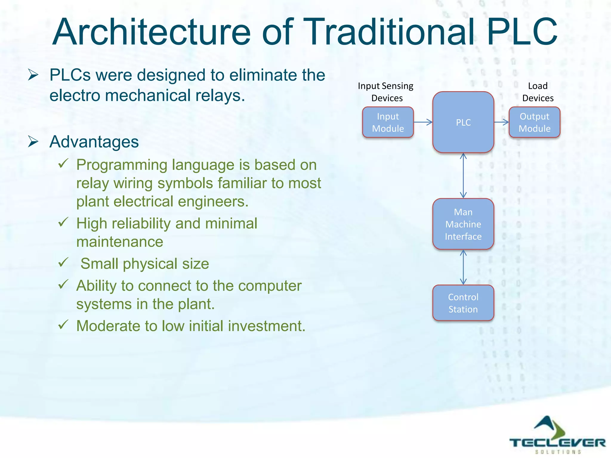 Architecture of Traditional PLC
 PLCs were designed to eliminate the
electro mechanical relays.
 Advantages
 Programming language is based on
relay wiring symbols familiar to most
plant electrical engineers.
 High reliability and minimal
maintenance
 Small physical size
 Ability to connect to the computer
systems in the plant.
 Moderate to low initial investment.
Input
Module
Output
Module
Man
Machine
Interface
Control
Station
Load
Devices
PLC
Input Sensing
Devices
 