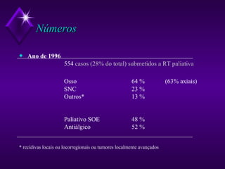 Números Ano de 1996 554  casos (28% do total) submetidos a RT paliativa Osso 64 %    (63% axiais) SNC 23 % Outros* 13 % Paliativo SOE 48 % Antiálgico 52 % * recidivas locais ou locorregionais ou tumores localmente avançados 