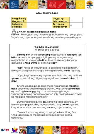 20
ARAL-Reading Basic
Pangalan ng
Mag-aaral
Linggo ng
Interbensiyon
1
Baitang at
Seksiyon
Sesyon ng
Interbensiyon
4
GAWAIN 1: Basahin at Tuklasin Natin!
Panuto: Pakinggan ang kwentong babasahin ng iyong guro.
Sagutin ang mga tanong ayon sa iyong kwentong napakinggan.
"Sa Bukid ni Mang Ben”
ni: Enrico Lee E. Suarez
Si Mang Ben ay isang batikang magsasaka sa Barangay San
Isidro. Araw-araw siyang gumigising nang maaga upang
magtrabaho sa kaniyang bukirin. Kasama niya ang kanyang
asawa na si Aling Emma at anak na si Isay.
“Isay, halika at tumulong ka sa pagdidilig ng mga tanim,”
tawag ni Mang Ben habang bitbit ang malaking balde ng tubig.
“Opo, Itay!” masayang sagot ni Isay. Dala niya ang maliit na
sprayer at sinimulang diligan ang mga tanim na mais, okra, at
sitaw.
Tuwing umaga, pinapakain muna nila ang mga manok at
baka bago mag-umpisa sa pagtatanim. Ang kanilang sakahan
ay punô ng berdeng gulay at masustansiyang bunga.
“Napakaganda ng panahon ngayon,” sabi ni Aling Emma. “Tiyak
na magiging masagana ang ani!”
Dumating ang araw ng ani. Lahat ng taga-barangay ay
tumulong sa paghakot ng mga produkto. May basket ng mais,
itlog, okra, at sitaw. Napuno ang mesa ng mga sariwang ani.
“Salamat sa inyong tulong at sipag,” wika ni Mang Ben.
“Ang tagumpay ng magsasaka ay tagumpay ng buong
barangay.”
 