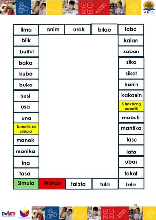 33
lobo
lima anim usok bilao
biik kalan
butiki sabon
baka siko
kubo sikat
buko kanin
susi kakanin
usa
5 hakbang
pabalik
una mabuti
Bumalik sa
simula
mantika
manok laso
manika lata
ina ubas
tasa takot
Simula Wakas tala
tula
talata
 