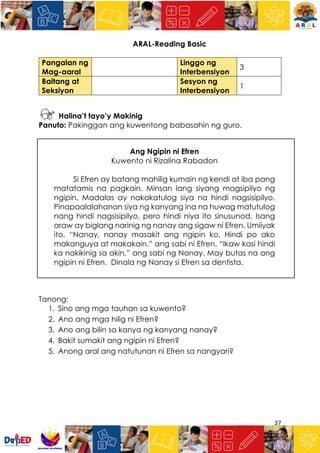 37
ARAL-Reading Basic
Pangalan ng
Mag-aaral
Linggo ng
Interbensiyon
3
Baitang at
Seksiyon
Sesyon ng
Interbensiyon
1
Halina’t tayo’y Makinig
Panuto: Pakinggan ang kuwentong babasahin ng guro.
Ang Ngipin ni Efren
Kuwento ni Rizalina Rabadon
Si Efren ay batang mahilig kumain ng kendi at iba pang
matatamis na pagkain. Minsan lang siyang magsipilyo ng
ngipin. Madalas ay nakakatulog siya na hindi nagsisipilyo.
Pinapaalalahanan siya ng kanyang ina na huwag matutulog
nang hindi nagsisipilyo, pero hindi niya ito sinusunod. Isang
araw ay biglang narinig ng nanay ang sigaw ni Efren. Umiiyak
ito. “Nanay, nanay masakit ang ngipin ko. Hindi po ako
makanguya at makakain.” ang sabi ni Efren. “Ikaw kasi hindi
ka nakikinig sa akin,” ang sabi ng Nanay. May butas na ang
ngipin ni Efren. Dinala ng Nanay si Efren sa dentista.
Tanong:
1. Sino ang mga tauhan sa kuwento?
2. Ano ang mga hilig ni Efren?
3. Ano ang bilin sa kanya ng kanyang nanay?
4. Bakit sumakit ang ngipin ni Efren?
5. Anong aral ang natutunan ni Efren sa nangyari?
 