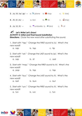 19
3. /s/ /t/ /o/ /p/ → a. ✈ plane b. 🛑 stop c. 🌟 star)
4. /t/ /i/ /n/ → a. lion b. 🌳 tin c. 🚢 ship)
5. /s/ /i/ /t/ → a. ☂umbrella b. 🐦 bird c. 🪑 sit
Let’s Write! Let’s Draw!
ACTIVITY 4: Initial and Final Sound Substitution
Directions: Circle the new word after substituting the sound.
1. Start with “tap.” Change the FIRST sound to /s/. What’s the
new word?
a. sap b. top c. tip
2. Start with “sat.” Change the LAST sound to /p/. What’s the
new word?
a. sap b. sit c. sad
3. Start with “mop.” Change the FIRST sound to /t/. What’s the
new word?
a. pop b. top c. tap
4. Start with “bus.” Change the LAST sound to /t/. What’s the
new word?
a. bat b. bun c. but
5. Start with “sun.” Change the FIRST sound to /t/. What’s the
new word?
a. tun b. run c. fun
 