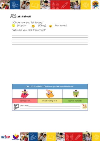 20
Let’s Reflect!
“Circle how you felt today:"
(Happy) (Okay) (Frustrated)
"Why did you pick this emoji?"
___________________________________________________________________________
___________________________________________________________________________
___________________________________________________________________________
___________________________________________________________________________
___________________________________________________________________________
 