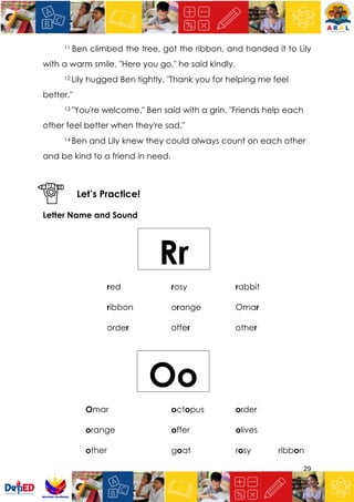 29
11 Ben climbed the tree, got the ribbon, and handed it to Lily
with a warm smile. "Here you go," he said kindly.
12 Lily hugged Ben tightly. "Thank you for helping me feel
better."
13 "You're welcome," Ben said with a grin. "Friends help each
other feel better when they're sad."
14 Ben and Lily knew they could always count on each other
and be kind to a friend in need.
Let’s Practice!
Letter Name and Sound
red rosy rabbit
ribbon orange Omar
order offer other
Omar octopus order
orange offer olives
other goat rosy ribbon
Rr
Oo
 