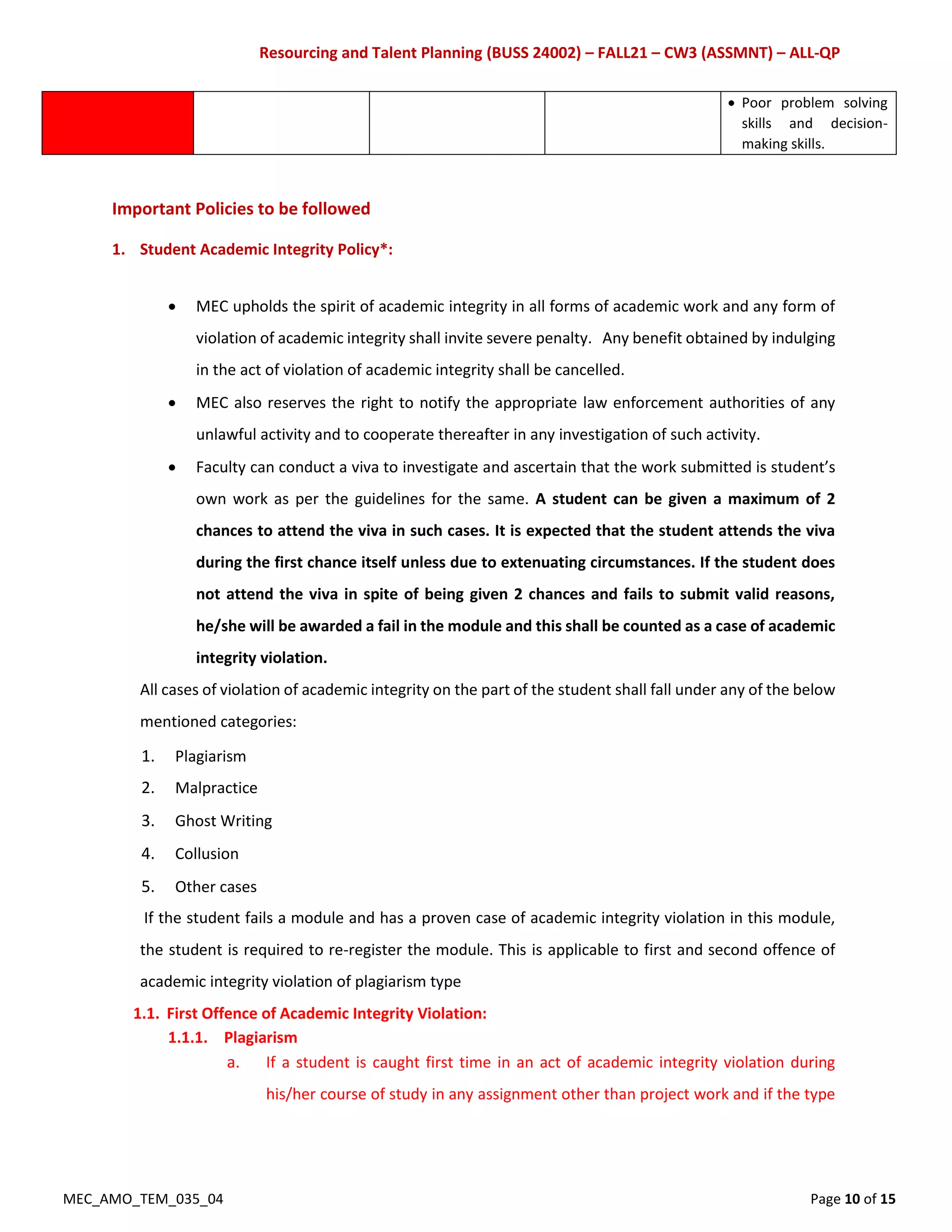 Resourcing and Talent Planning (BUSS 24002) – FALL21 – CW3 (ASSMNT) – ALL-QP
MEC_AMO_TEM_035_04 Page 10 of 15
 Poor problem solving
skills and decision-
making skills.
Important Policies to be followed
1. Student Academic Integrity Policy*:
 MEC upholds the spirit of academic integrity in all forms of academic work and any form of
violation of academic integrity shall invite severe penalty. Any benefit obtained by indulging
in the act of violation of academic integrity shall be cancelled.
 MEC also reserves the right to notify the appropriate law enforcement authorities of any
unlawful activity and to cooperate thereafter in any investigation of such activity.
 Faculty can conduct a viva to investigate and ascertain that the work submitted is student’s
own work as per the guidelines for the same. A student can be given a maximum of 2
chances to attend the viva in such cases. It is expected that the student attends the viva
during the first chance itself unless due to extenuating circumstances. If the student does
not attend the viva in spite of being given 2 chances and fails to submit valid reasons,
he/she will be awarded a fail in the module and this shall be counted as a case of academic
integrity violation.
All cases of violation of academic integrity on the part of the student shall fall under any of the below
mentioned categories:
1. Plagiarism
2. Malpractice
3. Ghost Writing
4. Collusion
5. Other cases
If the student fails a module and has a proven case of academic integrity violation in this module,
the student is required to re-register the module. This is applicable to first and second offence of
academic integrity violation of plagiarism type
1.1. First Offence of Academic Integrity Violation:
1.1.1. Plagiarism
a. If a student is caught first time in an act of academic integrity violation during
his/her course of study in any assignment other than project work and if the type
 