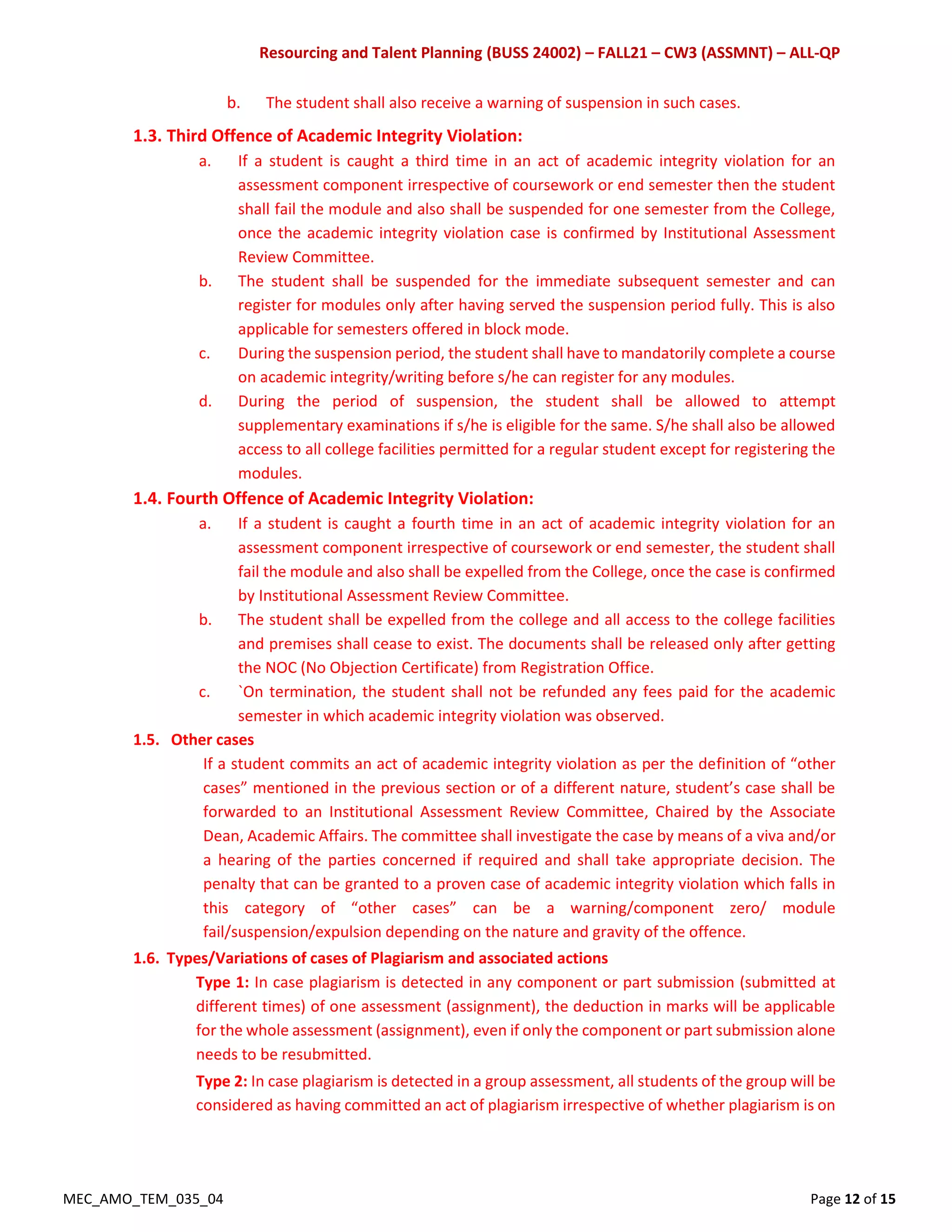 Resourcing and Talent Planning (BUSS 24002) – FALL21 – CW3 (ASSMNT) – ALL-QP
MEC_AMO_TEM_035_04 Page 12 of 15
b. The student shall also receive a warning of suspension in such cases.
1.3. Third Offence of Academic Integrity Violation:
a. If a student is caught a third time in an act of academic integrity violation for an
assessment component irrespective of coursework or end semester then the student
shall fail the module and also shall be suspended for one semester from the College,
once the academic integrity violation case is confirmed by Institutional Assessment
Review Committee.
b. The student shall be suspended for the immediate subsequent semester and can
register for modules only after having served the suspension period fully. This is also
applicable for semesters offered in block mode.
c. During the suspension period, the student shall have to mandatorily complete a course
on academic integrity/writing before s/he can register for any modules.
d. During the period of suspension, the student shall be allowed to attempt
supplementary examinations if s/he is eligible for the same. S/he shall also be allowed
access to all college facilities permitted for a regular student except for registering the
modules.
1.4. Fourth Offence of Academic Integrity Violation:
a. If a student is caught a fourth time in an act of academic integrity violation for an
assessment component irrespective of coursework or end semester, the student shall
fail the module and also shall be expelled from the College, once the case is confirmed
by Institutional Assessment Review Committee.
b. The student shall be expelled from the college and all access to the college facilities
and premises shall cease to exist. The documents shall be released only after getting
the NOC (No Objection Certificate) from Registration Office.
c. `On termination, the student shall not be refunded any fees paid for the academic
semester in which academic integrity violation was observed.
1.5. Other cases
If a student commits an act of academic integrity violation as per the definition of “other
cases” mentioned in the previous section or of a different nature, student’s case shall be
forwarded to an Institutional Assessment Review Committee, Chaired by the Associate
Dean, Academic Affairs. The committee shall investigate the case by means of a viva and/or
a hearing of the parties concerned if required and shall take appropriate decision. The
penalty that can be granted to a proven case of academic integrity violation which falls in
this category of “other cases” can be a warning/component zero/ module
fail/suspension/expulsion depending on the nature and gravity of the offence.
1.6. Types/Variations of cases of Plagiarism and associated actions
Type 1: In case plagiarism is detected in any component or part submission (submitted at
different times) of one assessment (assignment), the deduction in marks will be applicable
for the whole assessment (assignment), even if only the component or part submission alone
needs to be resubmitted.
Type 2: In case plagiarism is detected in a group assessment, all students of the group will be
considered as having committed an act of plagiarism irrespective of whether plagiarism is on
 