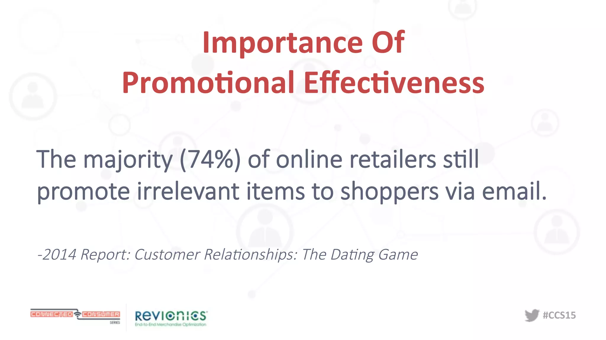 #CCS15	
  
	
  	
  
Importance	
  Of	
  	
  
Promo5onal	
  Eﬀec5veness	
  
The  majority  (74%)  of  online  retailers  sDll  
promote  irrelevant  items  to  shoppers  via  email.

-­‐2014  Report:  Customer  RelaBonships:  The  DaBng  Game
 