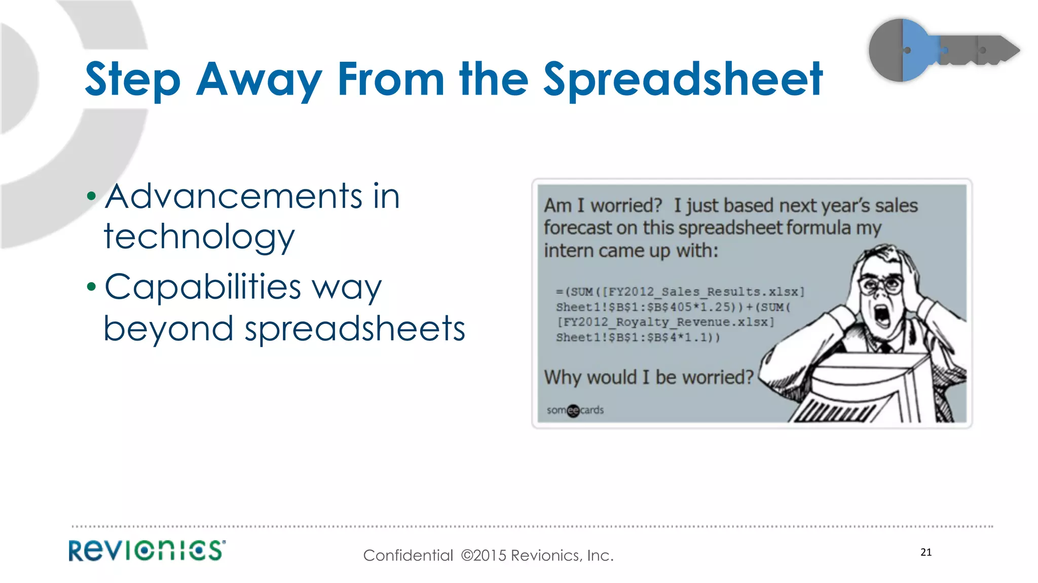 Confidential ©2015 Revionics, Inc.
• Advancements in
technology
• Capabilities way
beyond spreadsheets
21	
  
Step Away From the Spreadsheet
 