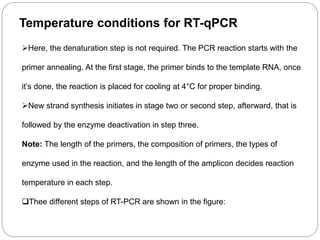Temperature conditions for RT-qPCR
Here, the denaturation step is not required. The PCR reaction starts with the
primer annealing. At the first stage, the primer binds to the template RNA, once
it’s done, the reaction is placed for cooling at 4°C for proper binding.
New strand synthesis initiates in stage two or second step, afterward, that is
followed by the enzyme deactivation in step three.
Note: The length of the primers, the composition of primers, the types of
enzyme used in the reaction, and the length of the amplicon decides reaction
temperature in each step.
Thee different steps of RT-PCR are shown in the figure:
 