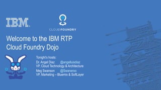 1IBM
_
Welcome to the IBM RTP
Cloud Foundry Dojo
Tonight’s hosts:
Dr. Angel Diaz @angelluisdiaz
VP, Cloud Technology & Architecture
Meg Swanson @Swaneroo
VP, Marketing – Bluemix & SoftLayer
 