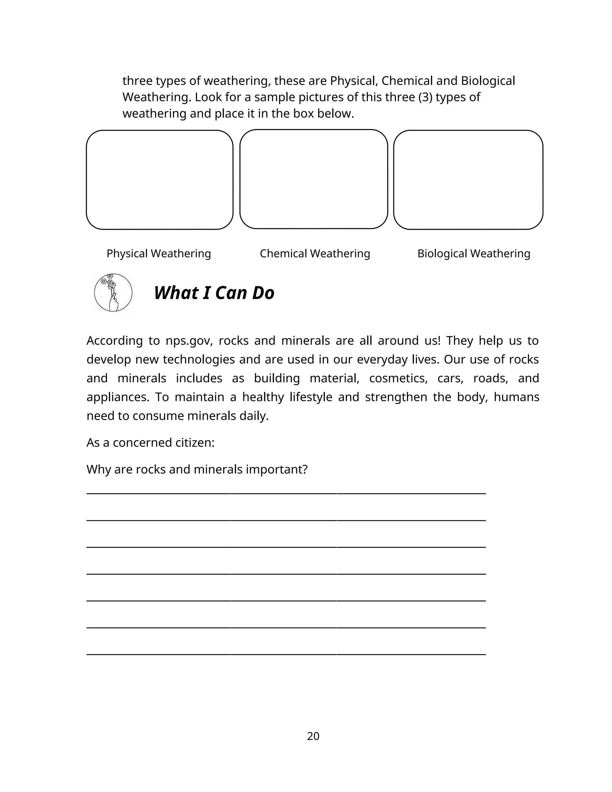 three types of weathering, these are Physical, Chemical and Biological
Weathering. Look for a sample pictures of this three (3) types of
weathering and place it in the box below.
Physical Weathering Chemical Weathering Biological Weathering
What I Can Do
According to nps.gov, rocks and minerals are all around us! They help us to
develop new technologies and are used in our everyday lives. Our use of rocks
and minerals includes as building material, cosmetics, cars, roads, and
appliances. To maintain a healthy lifestyle and strengthen the body, humans
need to consume minerals daily.
As a concerned citizen:
Why are rocks and minerals important?
___________________________________________________________________________
___________________________________________________________________________
___________________________________________________________________________
___________________________________________________________________________
___________________________________________________________________________
___________________________________________________________________________
___________________________________________________________________________
20
 