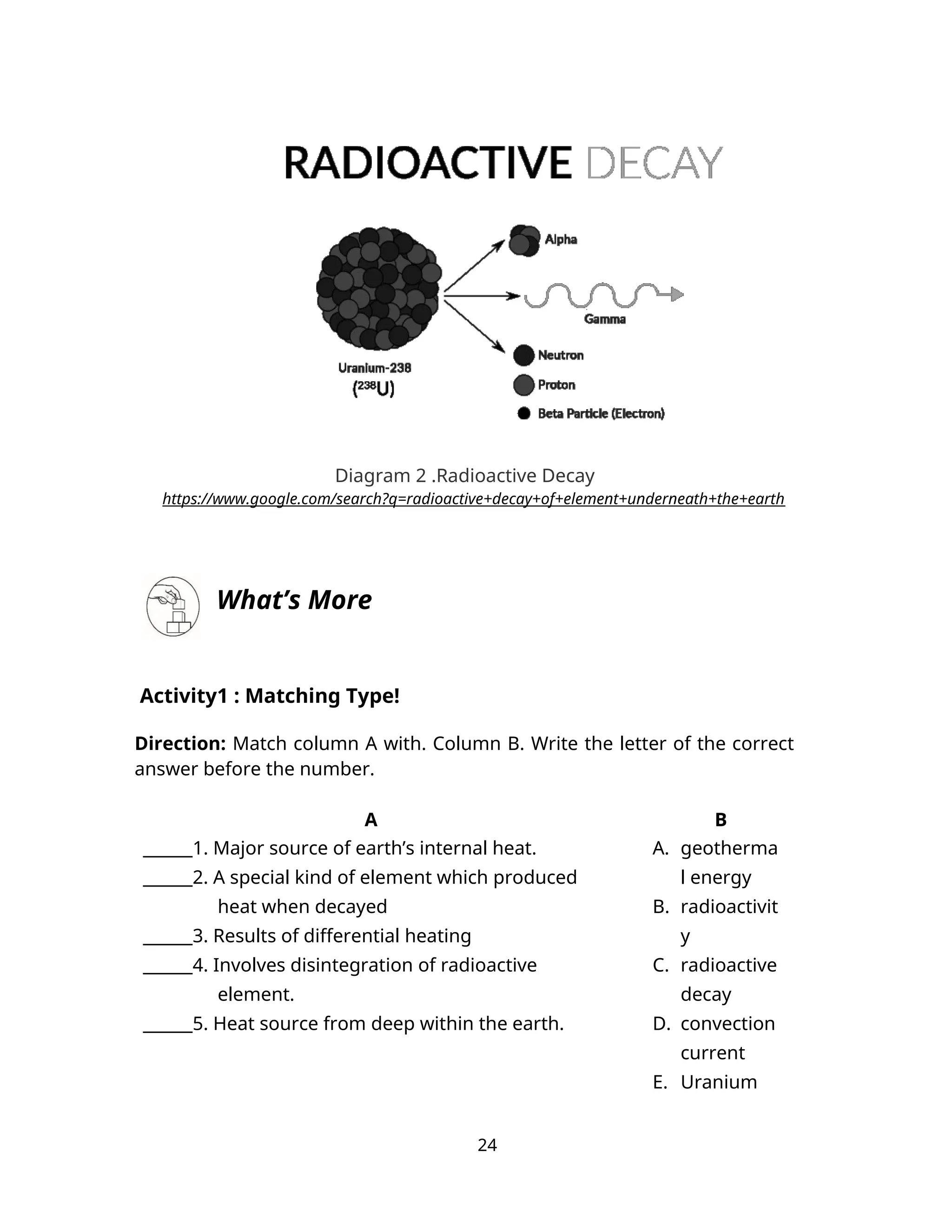 Diagram 2 .Radioactive Decay
https://www.google.com/search?q=radioactive+decay+of+element+underneath+the+earth
What’s More
Activity1 : Matching Type!
Direction: Match column A with. Column B. Write the letter of the correct
answer before the number.
A B
______1. Major source of earth’s internal heat.
______2. A special kind of element which produced
heat when decayed
______3. Results of differential heating
______4. Involves disintegration of radioactive
element.
______5. Heat source from deep within the earth.
A. geotherma
l energy
B. radioactivit
y
C. radioactive
decay
D. convection
current
E. Uranium
24
 