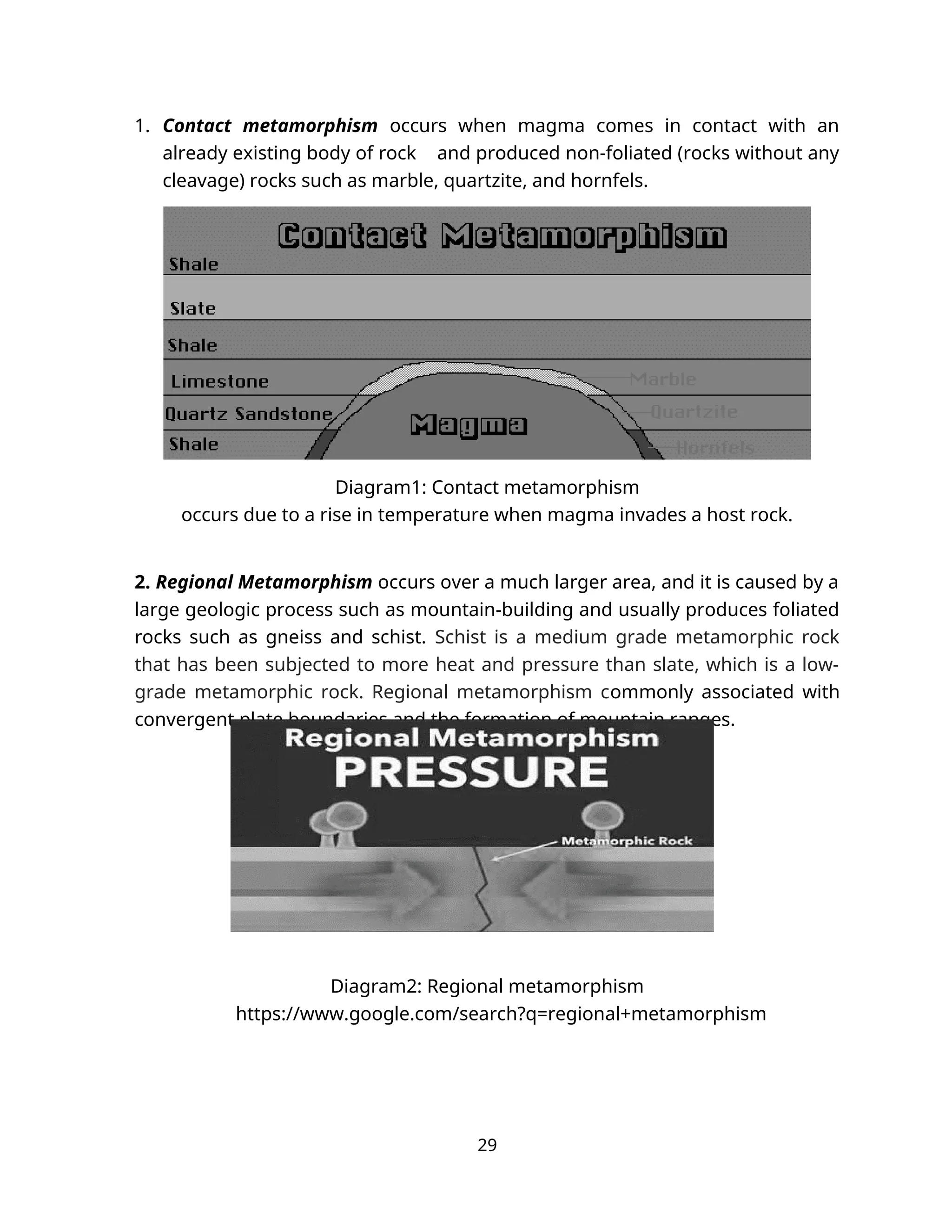 1. Contact metamorphism occurs when magma comes in contact with an
already existing body of rock and produced non-foliated (rocks without any
cleavage) rocks such as marble, quartzite, and hornfels.
Diagram1: Contact metamorphism
occurs due to a rise in temperature when magma invades a host rock.
2. Regional Metamorphism occurs over a much larger area, and it is caused by a
large geologic process such as mountain-building and usually produces foliated
rocks such as gneiss and schist. Schist is a medium grade metamorphic rock
that has been subjected to more heat and pressure than slate, which is a low-
grade metamorphic rock. Regional metamorphism commonly associated with
convergent plate boundaries and the formation of mountain ranges.
Diagram2: Regional metamorphism
https://www.google.com/search?q=regional+metamorphism
29
 